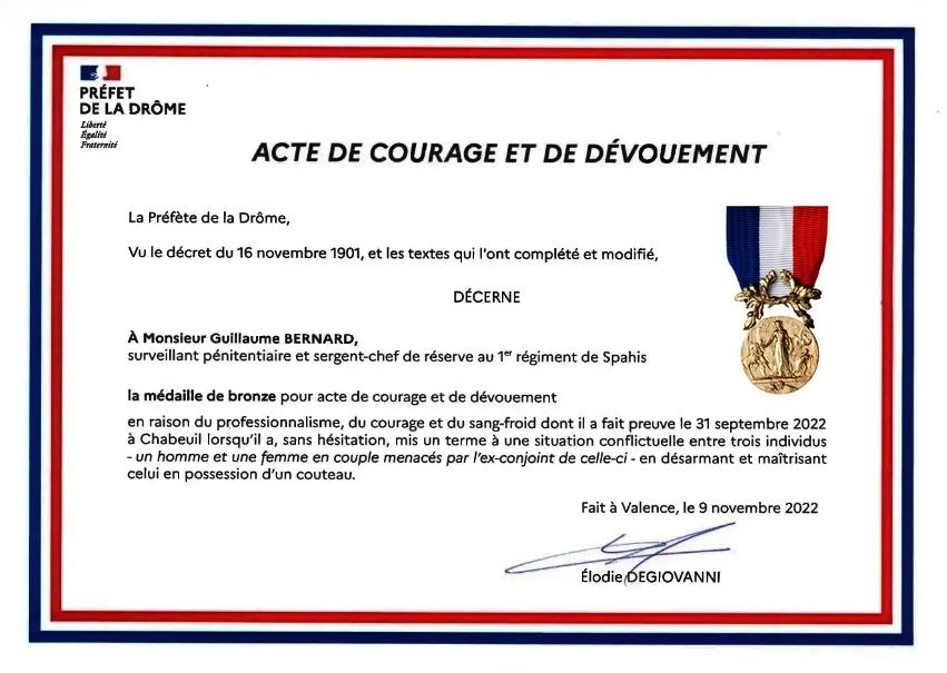 Diplome medaille courage et devouement